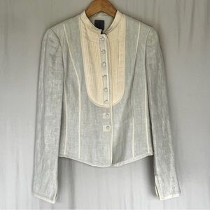 Calvin Klein Linen Jacket Pintuck Bib Mandarin Collar Cream Blazer Size 10